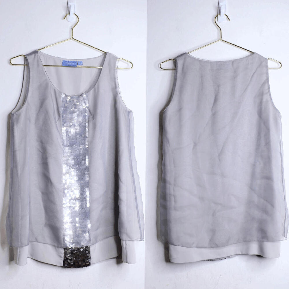 Vera Wang Gray Silver Sequin Sheer Formal Tank Blouse - M